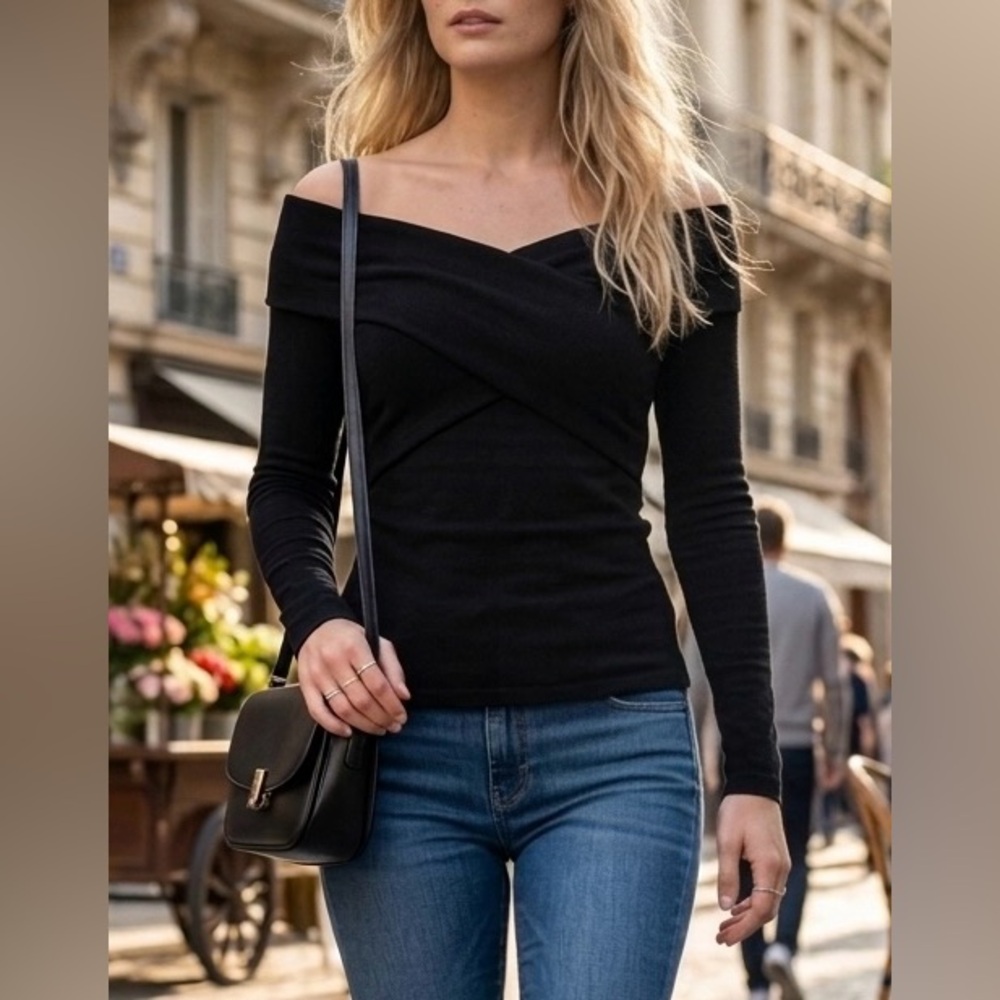 NWT Abercrombie & Fitch Black Off The Shoulder Cross Front Knit Top S